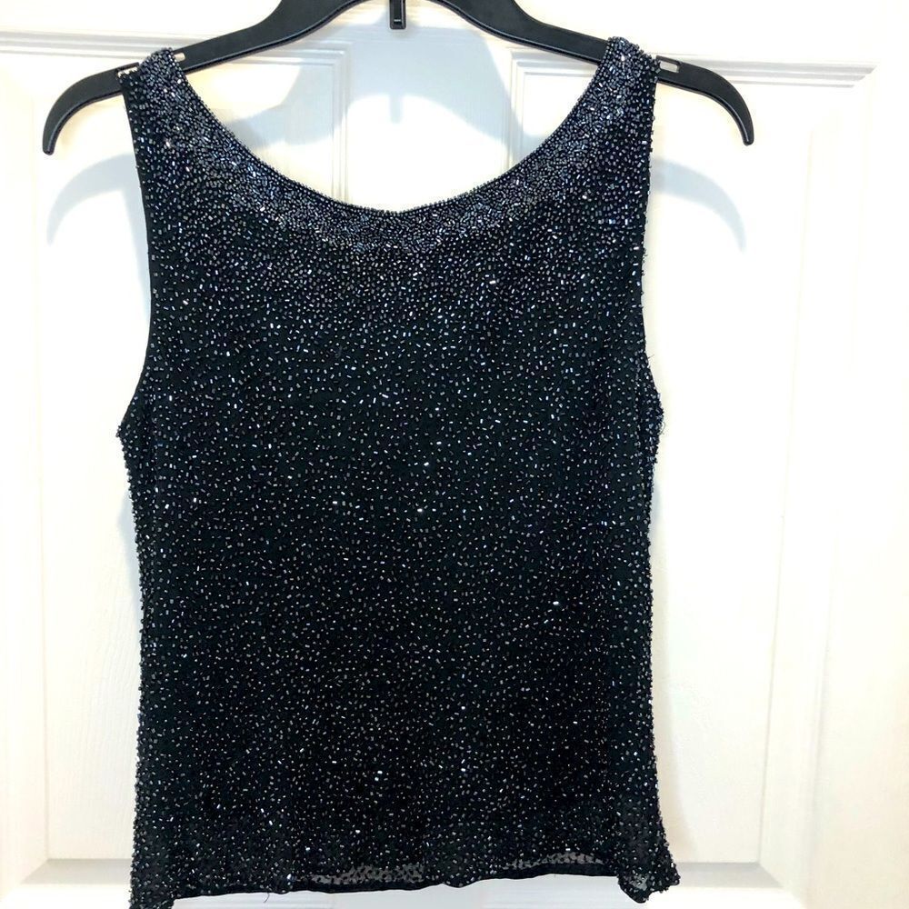 Scala 100% silk black beaded tank top size medium